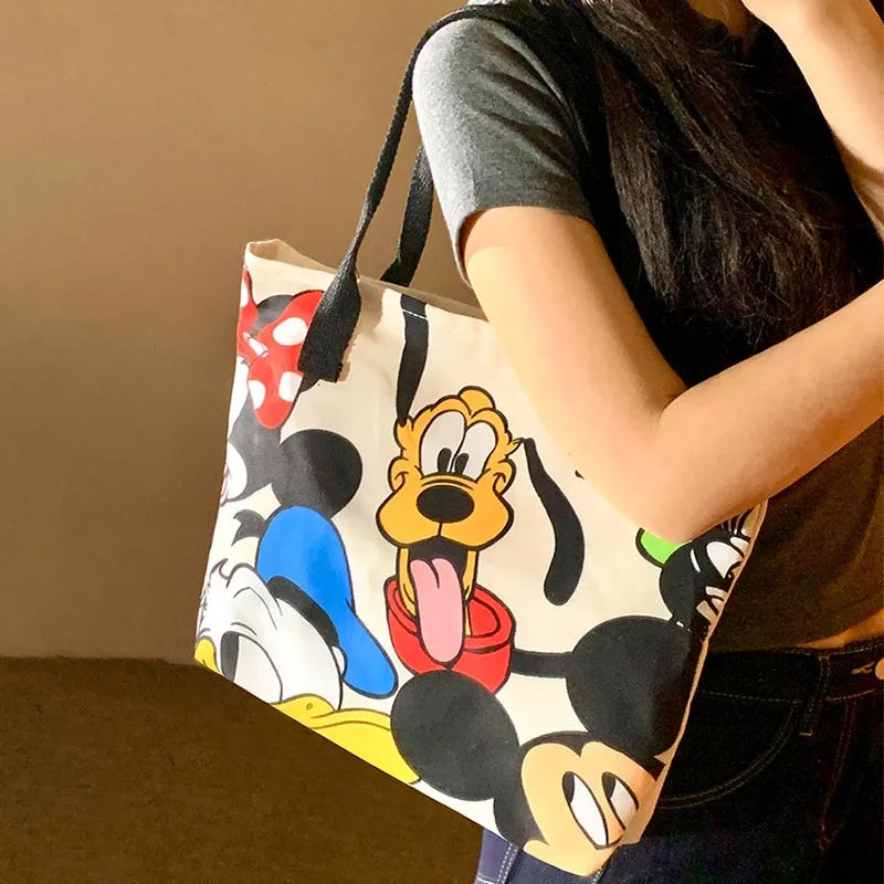 Cartoon Mickey Tote Bag Canvas Bag with Goofy Pattern Shoulder Bag Fashion Travel Large Capacity Canvas Bag Women Shopping Use