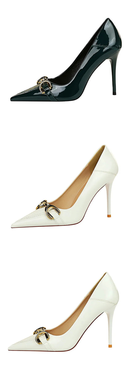 Luxury Design Women 10cm High Heels Metal Buckle Green Pumps Lady Plus Size Wedding Stiletto Heels Party Nude Replica Prom Shoes