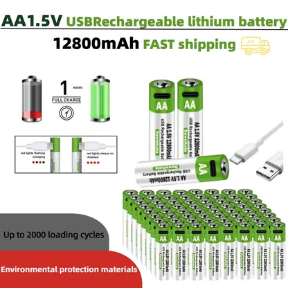 2025 New AA 1.5V USB Rechargeable Li-ion Battery 12800mAh Battery W/Type-C Cable for Toy Remote Control Mouse Electric Battery