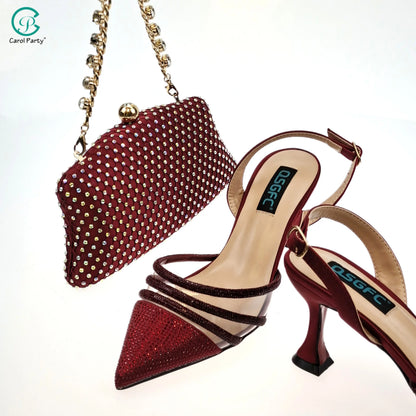 QSGFC African Women's Fashion Crystal Square Button Pointed High Heels Water Diamond Shiny Wine Color Sandal Bag Set