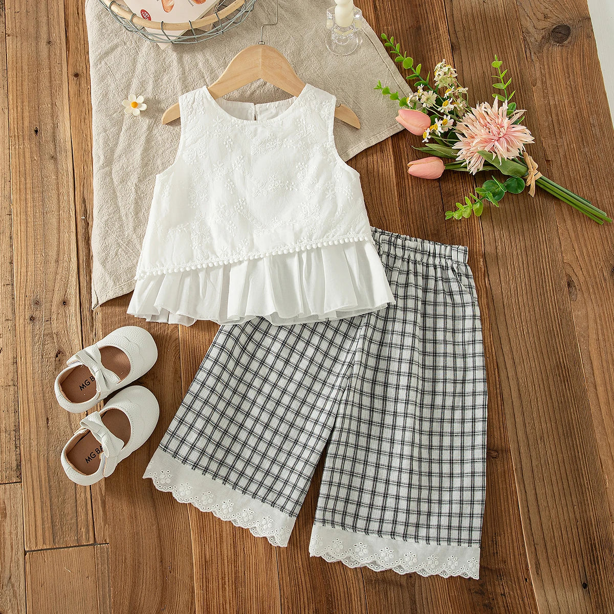 2pc/Set Girls' Outfits Set Summer Solid-Color Checkered Sleeveless Top And Pants Baby Girl Clothes Cute Beach Baby Outfit Set