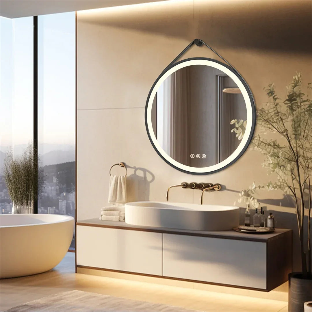 LUVODI 32-Inch Large Round Bathroom Mirror with LED Lights Black Frame Touch Sensor Lighted Mirror for Bathrooms