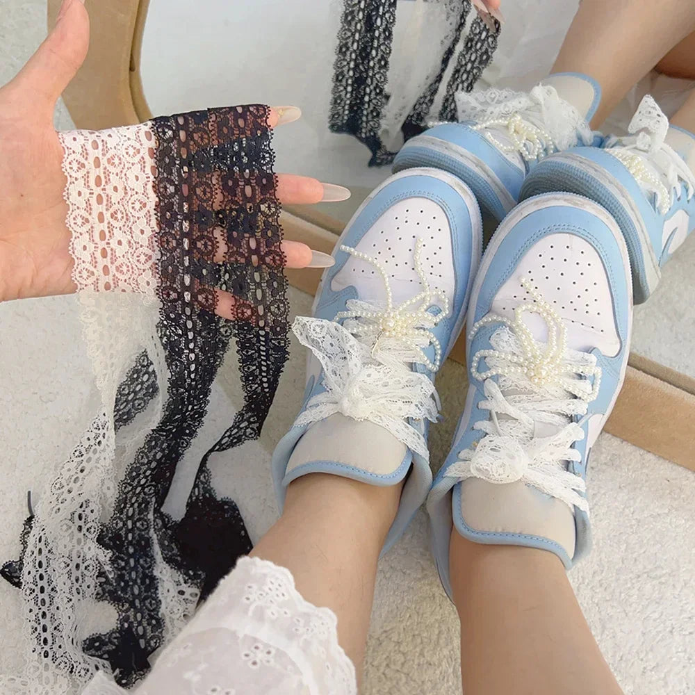 120cm Lace Shoelaces for Women Casual Shoes 3CM Width Flat Shoelace for Sneakers Black White Hollow Out Shoe Laces Accessorices