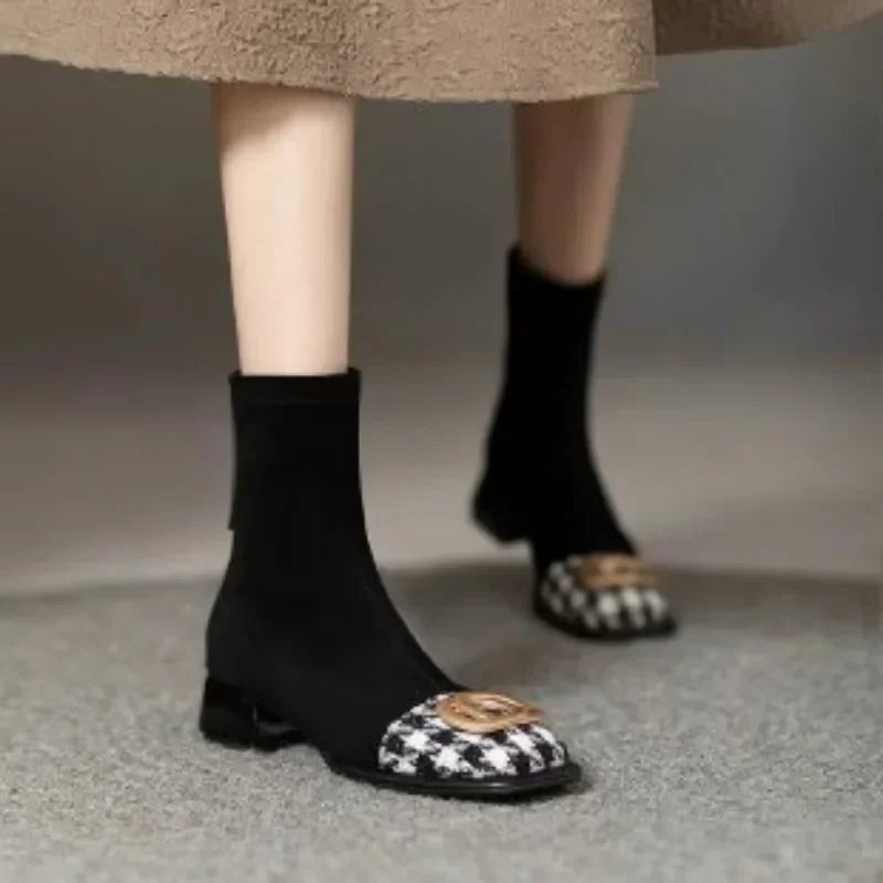 Women Mid Heels Chelsea Boots Chunky Suede Ankle Shoes Winter 2024 Fashion New Zipper Boots Pumps Walking Punk Warm Sock Botas