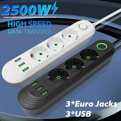 EU Power Socket 2m Cable 3USB Jack 3/4/5 Holes 2500W Power Strip AC Outlet with Extension Cord Max 2.1A Charging Adapter Socket