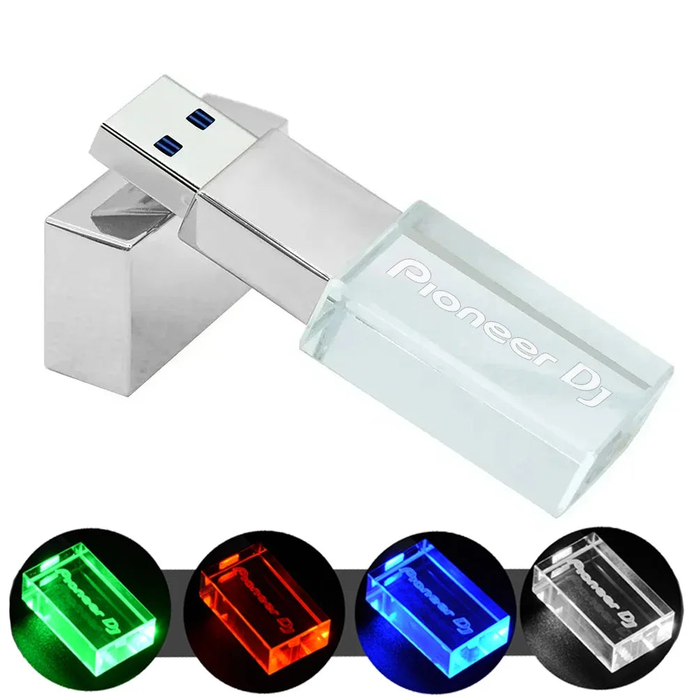 Pioneer DJ logo LED lights Crystal USB Flash Drive 128GB Gold Lid Pendrive 64GB  Memory Stick 32GB Real Capacity U Disk 16GB