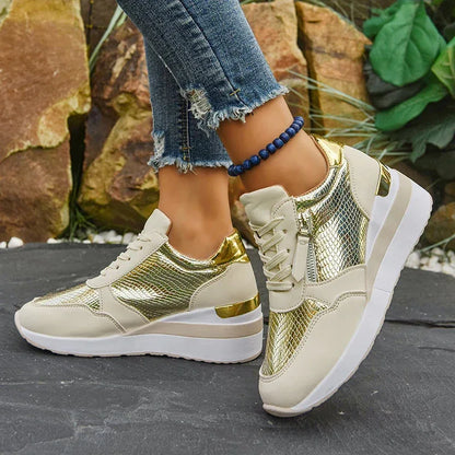 Gold Silver Wedge Sneakers for Women Lightweight Non Slip Casual Sports Shoes Woman Comfort Thick Sole Walking Shoes Plus Size