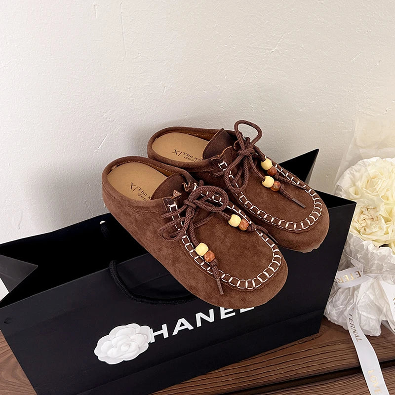 Baotou Slippers Spring New Round Head Deep Mouth Cow Suede Beaded Metal Buckle Soft Sole Anti-slip Wear-resistant Flat Shoes