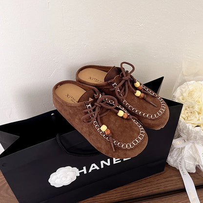 Baotou Slippers Spring New Round Head Deep Mouth Cow Suede Beaded Metal Buckle Soft Sole Anti-slip Wear-resistant Flat Shoes