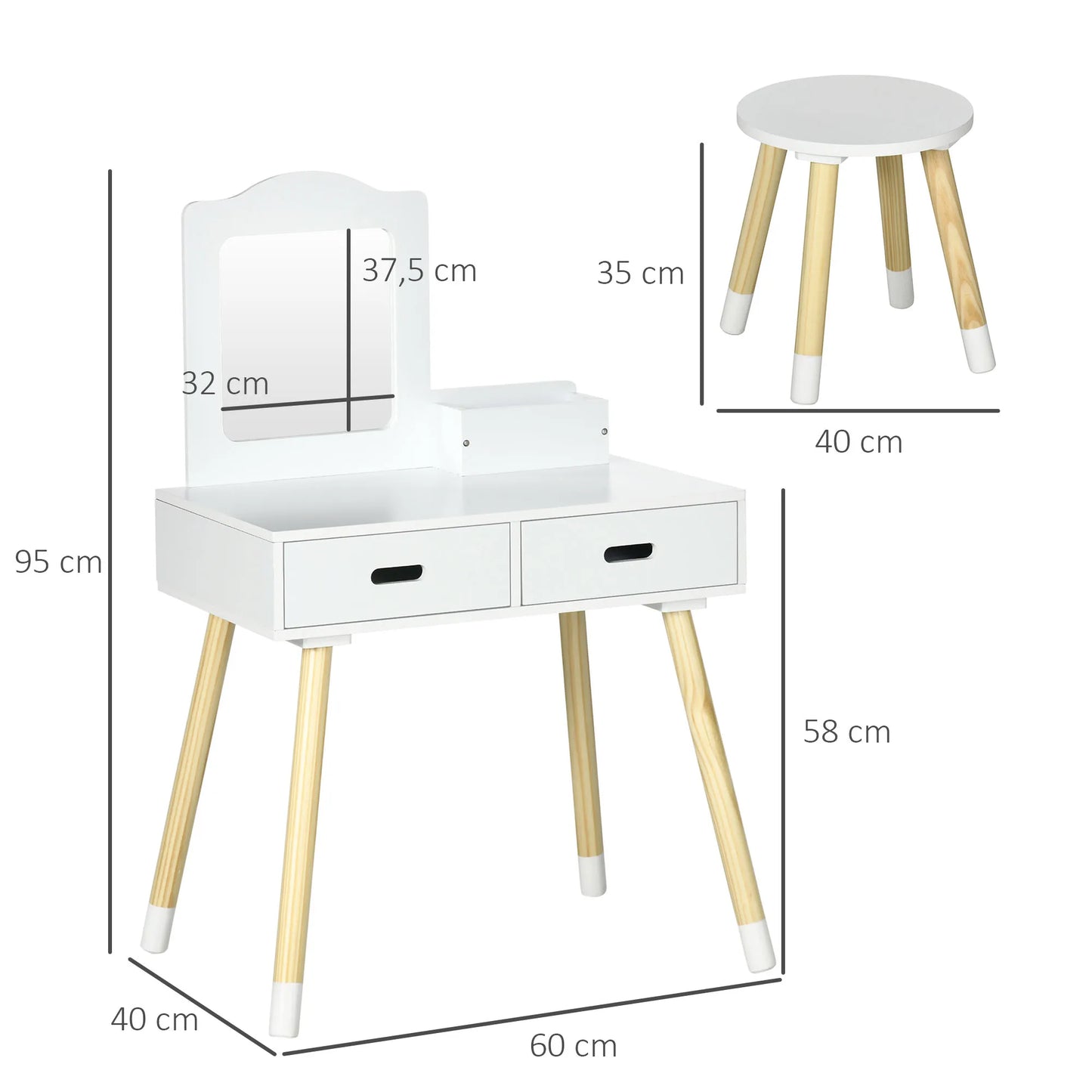 Zonekiz Dressing Table for Girls 3-6 Years Old with Stool and Mirror 60X40X95 cm White