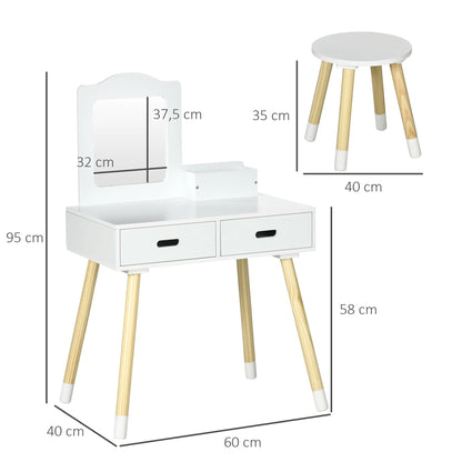 Zonekiz Dressing Table for Girls 3-6 Years Old with Stool and Mirror 60X40X95 cm White