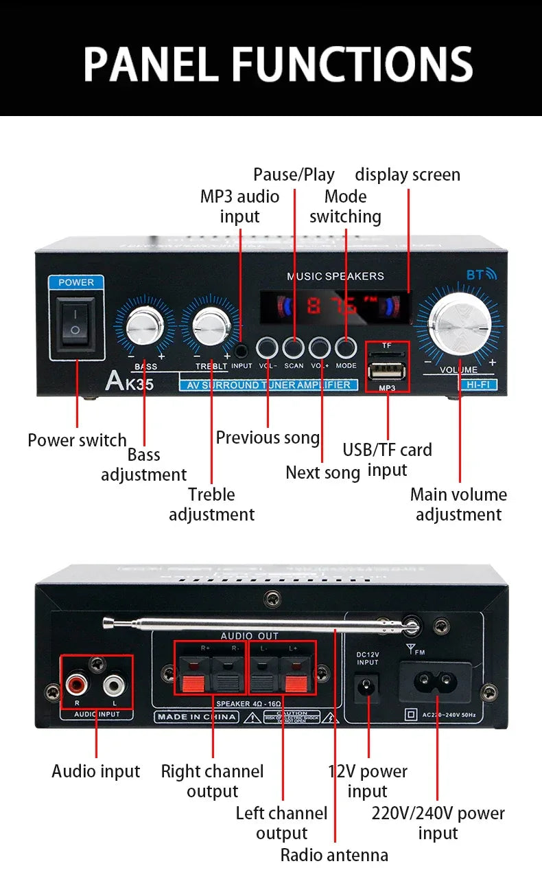 Home High-power Bluetooth Power Amplifier 2.0 Channel Constant Resistance Mini Power Amplifier Small Car Power Amplifier Multy