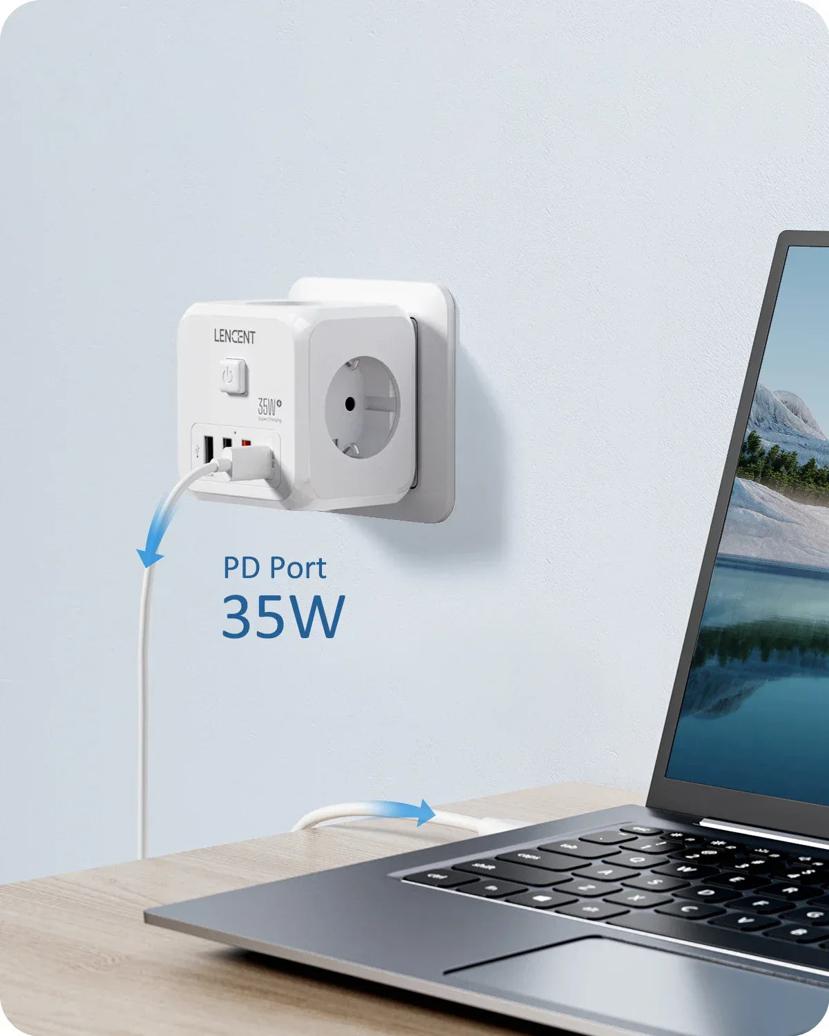 LENCENT Multi USB Wall Socket Cube with 3AC Outlets USB-A and Type C 7-in-1 Power Strip EU Plug Socket On/Off Switch for Home