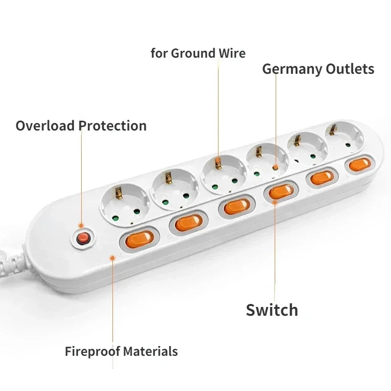 Melery Power Strip Surge Protection EU Plug Way Outlets Electrical Extension 16A Socket Independent Control Switches Schuko Cord