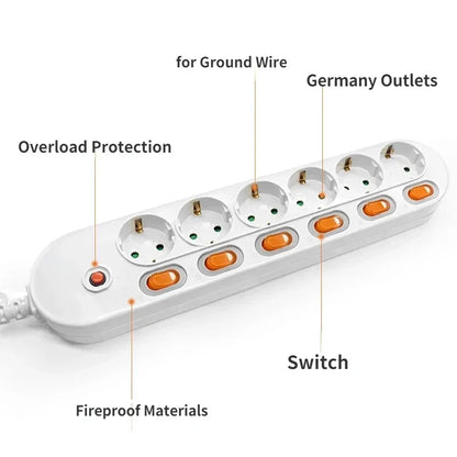 Melery Power Strip Surge Protection EU Plug Way Outlets Electrical Extension 16A Socket Independent Control Switches Schuko Cord