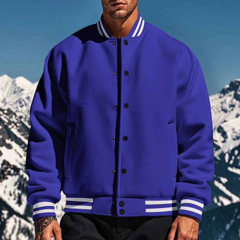 Men's Baseball Jacket with Stand-up Collar Button, Flight Jacket Monochromatic Loose, Casual, American Sports, Autumn and Winter