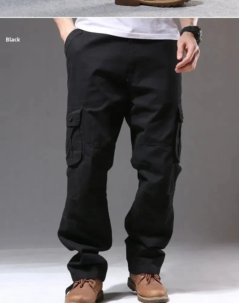 Cross-Border Men's Cargo Pants Spring Autumn Loose-Fit Pure Cotton Multi-Pocket Plus Size Straight-Leg Casual Pants