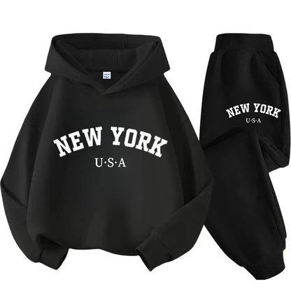 Autumn Warm New York Letter Cool Graphic Print Children Long Sleeve Hoodie +pant Suit 2pcs Set Sweatshirt Boy Girl Kid Sportwear