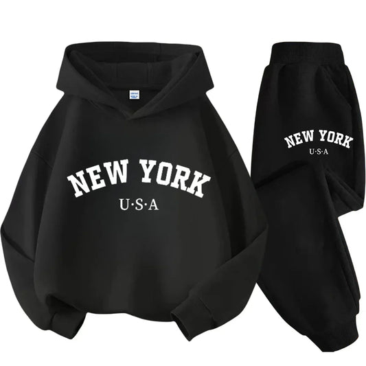 Autumn Warm New York Letter Cool Graphic Print Children Long Sleeve Hoodie +pant Suit 2pcs Set Sweatshirt Boy Girl Kid Sportwear
