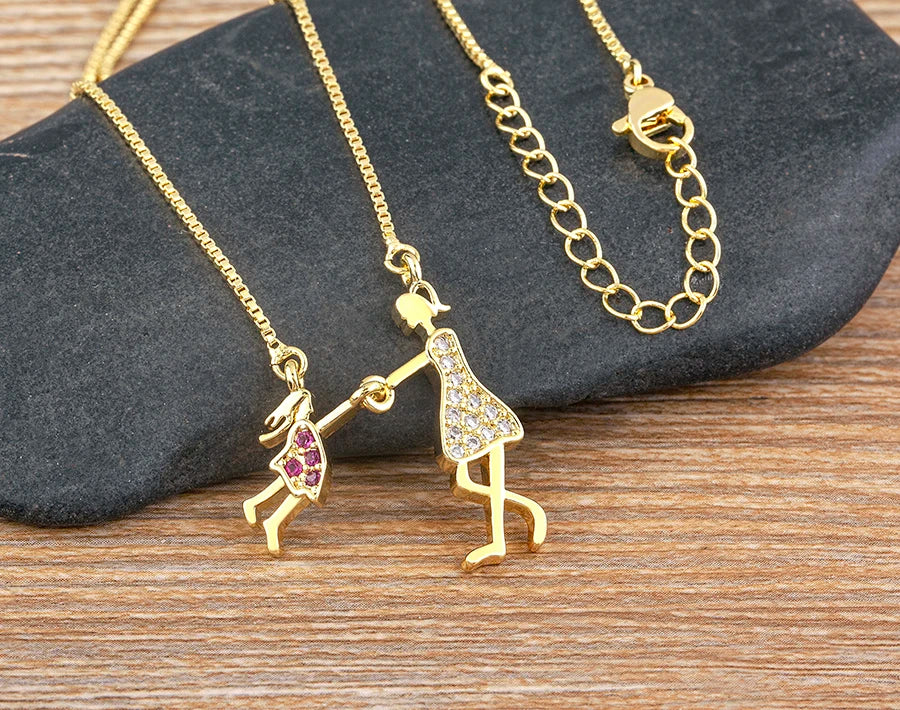 Nidin Exquisite Gold Plated Mom Daughter Necklace Girl Boy Pendant Chain Choker Cubic Zirconia Jewelry Mother's Day Gift