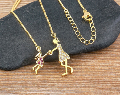 Nidin Exquisite Gold Plated Mom Daughter Necklace Girl Boy Pendant Chain Choker Cubic Zirconia Jewelry Mother's Day Gift