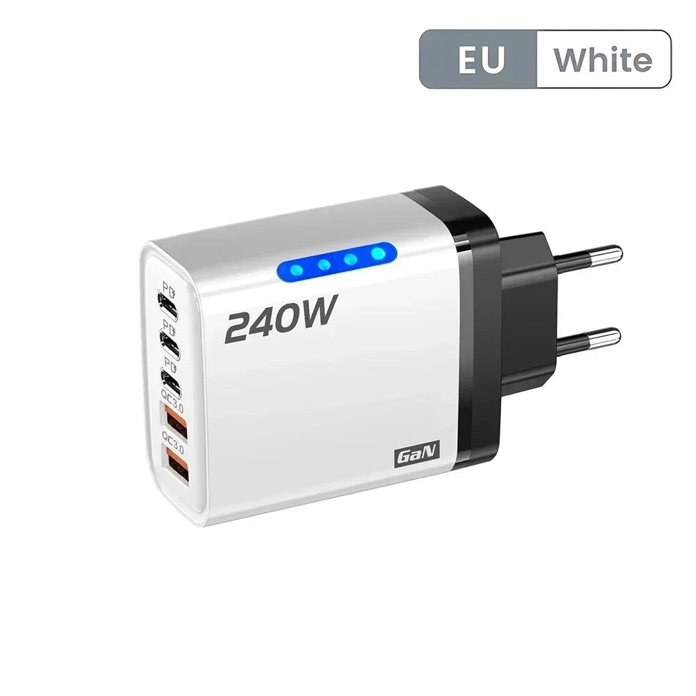 Total 240W Power GaN Charger 5 in 1 Fast Charging Charger PD Adapter For iPhone Samsung Xiaomi Huawei Laptop Tablet 2USB 3C