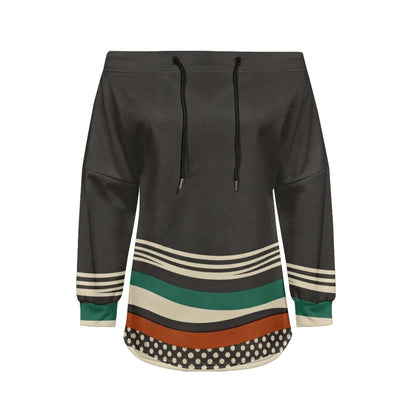 Trendy Off-Shoulder Sweatshirts with Striped & Polka Dot Patterns Drawstring Casual Loose-Fit Top for Women Casual Streetwear