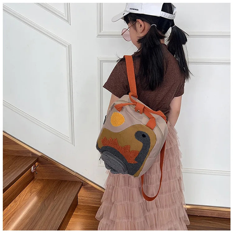 New Embroidery Sun Long Neck Small Dinosaur Backpack Hook Hair Embroidered Cartoon Canvas Kindergarten Children Backpack