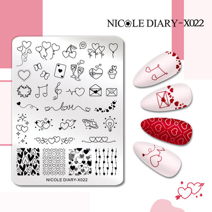 NICOLE DIARY Rose Flower Nail Stamping Plates Image Template Valentine's day Love Heart Printing Stencil Nail Art Manicure Tools
