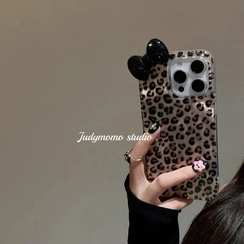 Sexy Leopard Diamond Bowknot Lustre Lining Phone Case for OPPO A18 A17 A16 A15 A38 A58 A78 A94 A74 A54 A57 A77 A53 A3X A40 A60