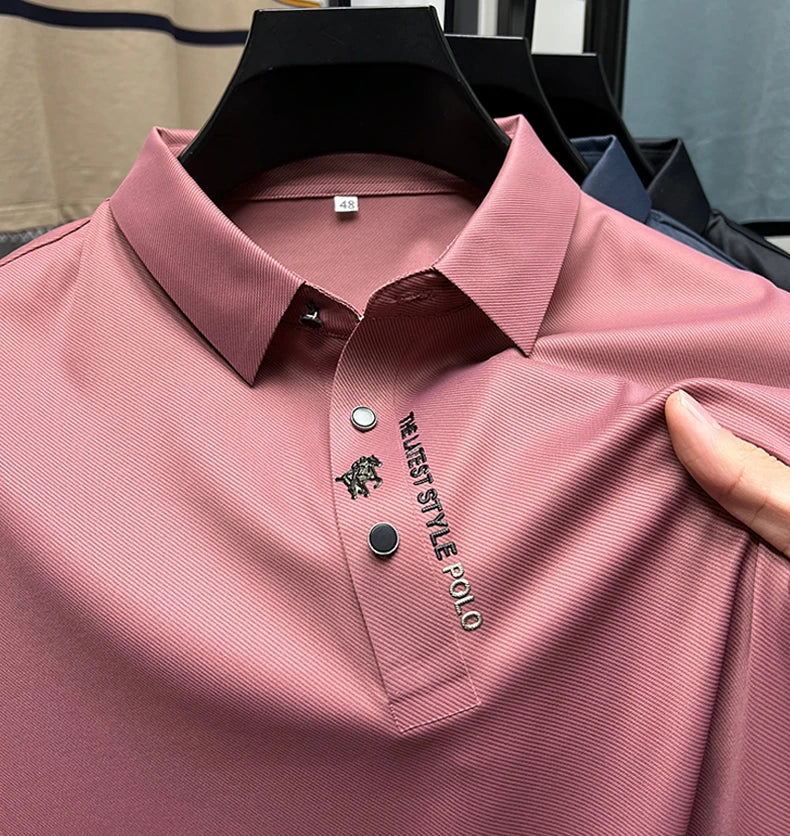 High End Brand New Summer Solid Color Silk Cotton High-quality Short Sleeved Polo Men's Fashionable Business Seamless Casual Top
