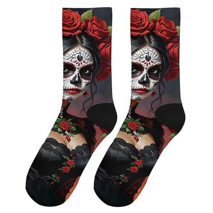 Mens Art Day of the Dead Themed Socks Mexican Grim Reaper Vintage Floral Design Soft Breathable Crew Socks Novelty Holiday Gift