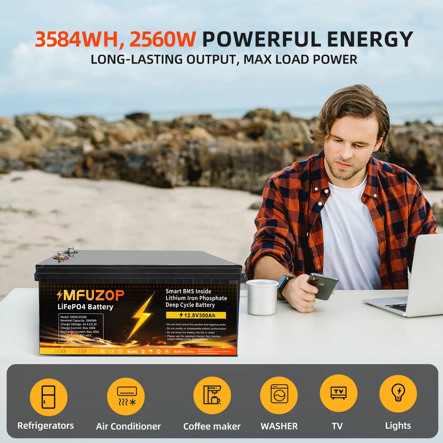 MFUZOP  12V 100Ah 200Ah 300Ah  LiFePO4 Battery Intelligent BMS System 1280Wh 2560Wh 3840Wh Deep Cycle for Solar Storage System