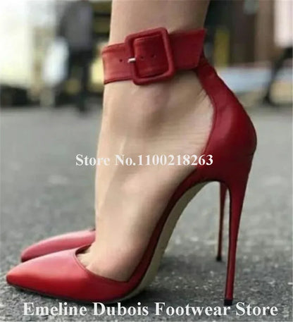 Buckle Stiletto Heel Pumps Emeline Dubois Elegant Pointed Toe Ankle Strap High Heels Black Red Nude Leather Shoes Party Shoes