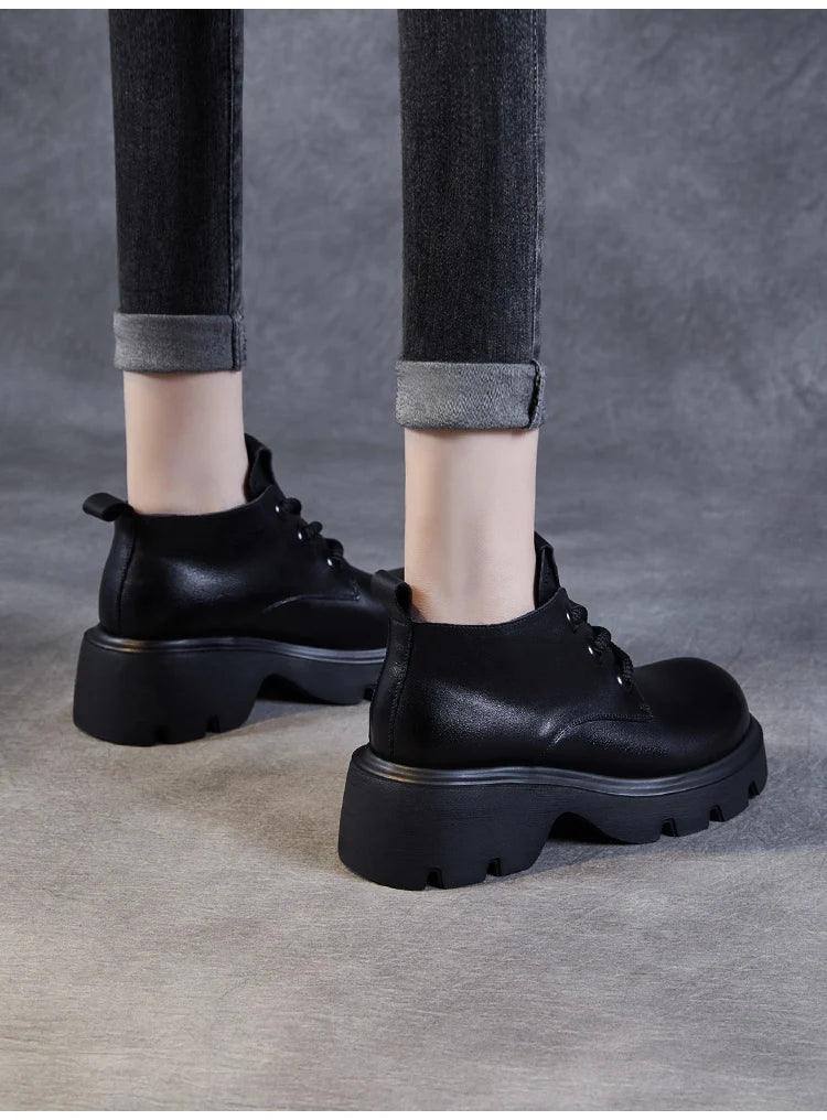 DRKANOL Luxury Design Genuine Leather Ankle Boots For Women Platform Casual Short Boots Women Winter Thick High Heel Warm Shoes