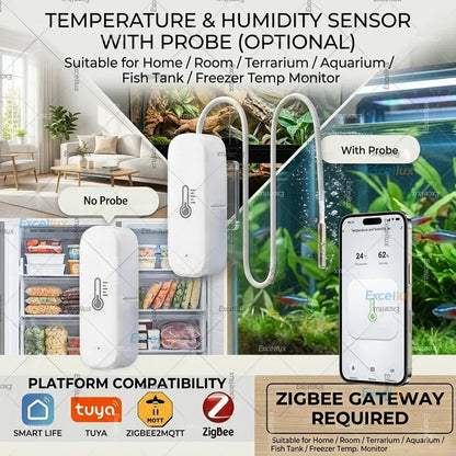 Zigbee Smart Temperature Humidity Sensor Optional With Waterproof Probe For Tuya Zigbee2MQTT Home Assistant Aquarium Tank Fridge