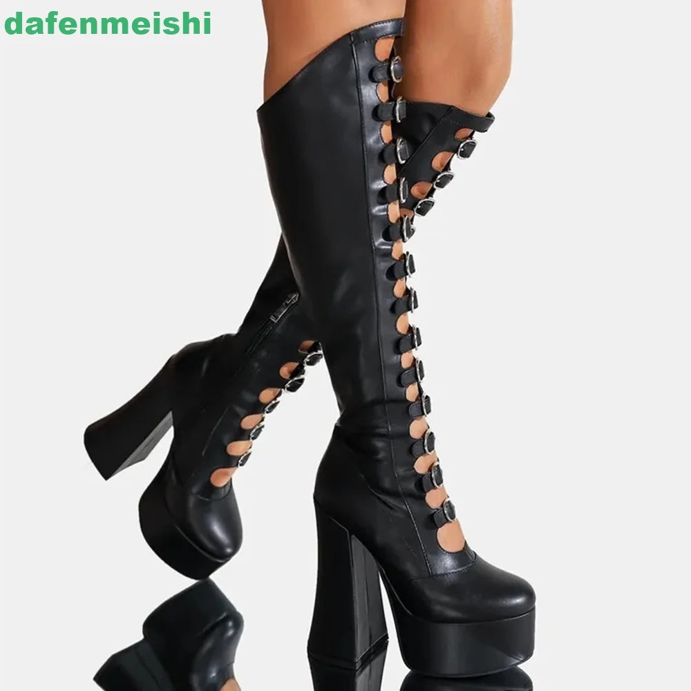 2026 New Women Pole Dance Shoes Hollow Mid-Calf Boots Platform Zipper Square Heel Buckle Strap Fashion Round Toe Sexy Boots