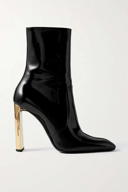 Pointed Toe Black Patent Leather Knee High Boots Zip Gold Heeled Sexy Women 2023 Winter New Tall Boot Luxury Designer Shoes