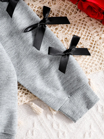 2-Piece Set for Toddler Girls: Cute Bowknot Print Gray Sweatshirt + Black Long Pants, Spring/Autumn/Winter Style, Casual Sports Pullover for Baby Girls, Newborn Children's Long-Sleeve Bowknot Design, Cute and Fashionable T-Sh