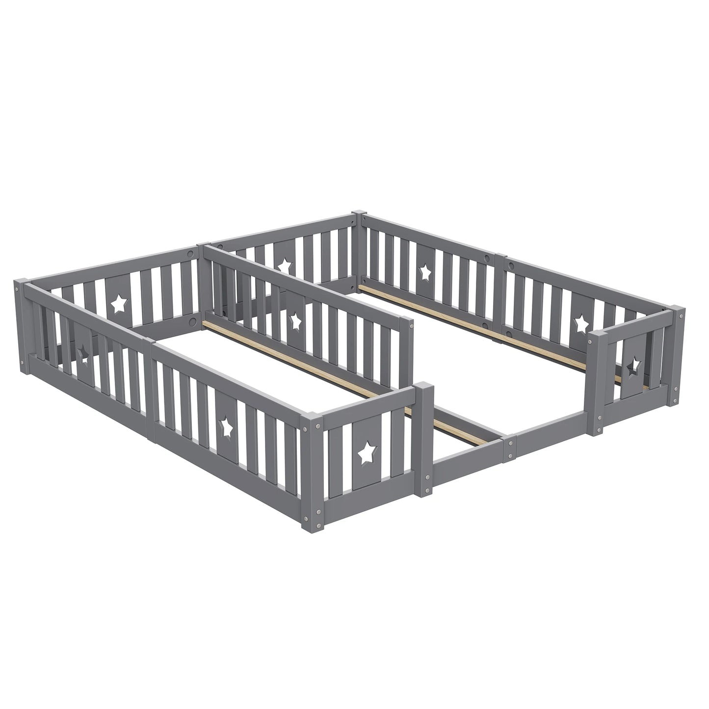Rosahqnda Children's Bed Floor Bed 90x200cm with Railing Gate,Pine Wooden Bed for Families with 2 Children,Children's Twin Bed