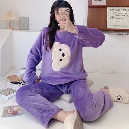 Women Pajamas Autumn Winter Flannel Warm Woman Sleepwear Korean cute Cartoon Pajama Set Fashion Pijama Mujer Home Cloth Pyjamas