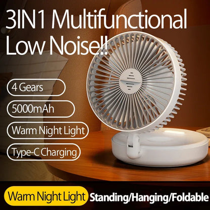 New 5000mAh Rechargeable 3IN1 Multifunctional Portable Fan Wall Mounted Fan 90° Folding Fan 4 Gears With Warm Night Light