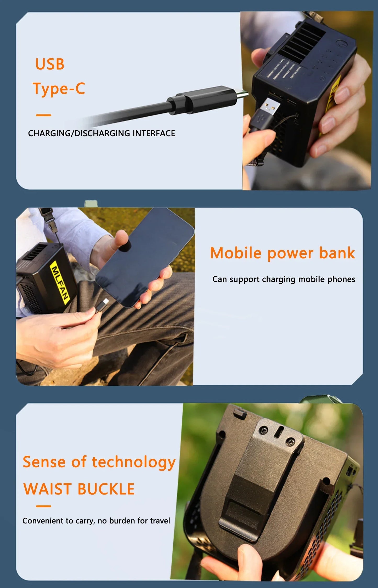 Waist Clip Fan Portable Mini Hanging Neck Fan USB Rechargeable Fan Small Outdoor Camping Waist Fan with 10000mAh Power Bank