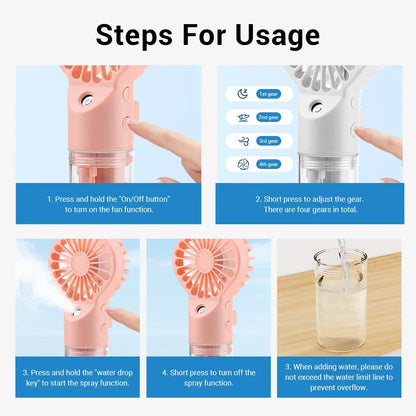 Handheld Mini Quiet Air Cooling Fan Portable Water Mist Fan USB Charging 4 Speed Humidification Spray Fan for Home Office Dorm