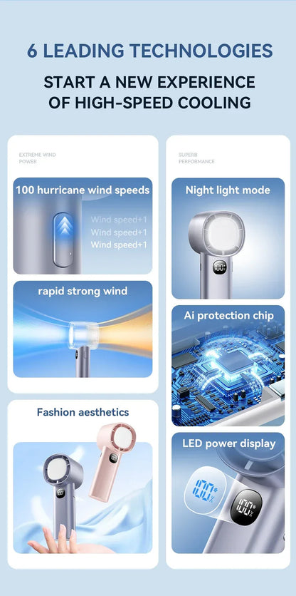 Night Light Cooling Fan 5000mAh Handheld Cooling Fan Portable Handheld Turbo Fan 100 Wind Speeds Adjustable Mini Personal Fan
