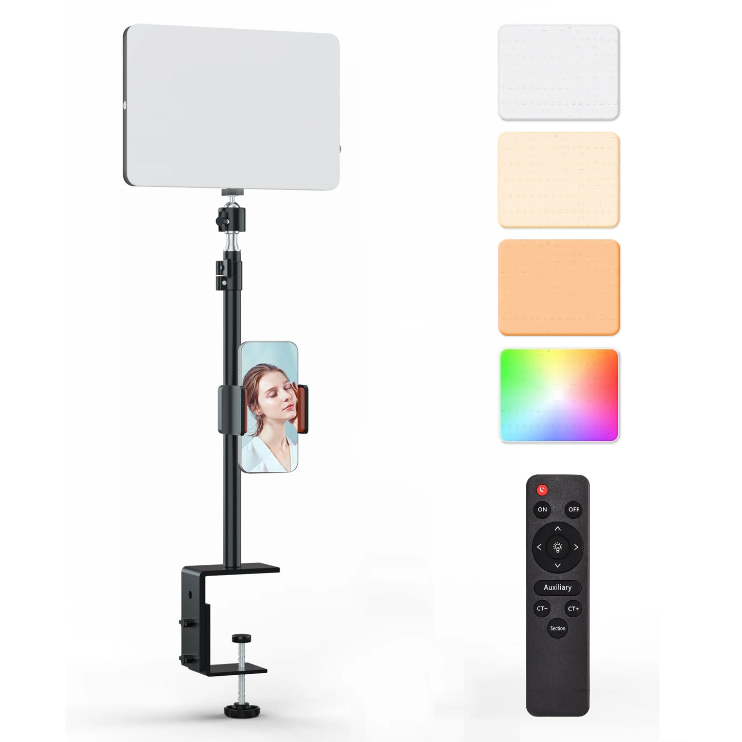LED Desk Bi-Color Video Light RGB Streaming Key Light with Remote Control Dimmable Studio Light with Phone Holder Desk Stand