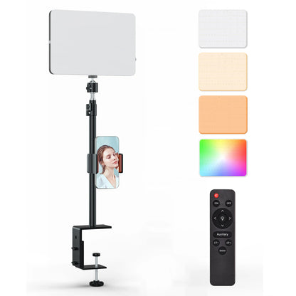 LED Desk Bi-Color Video Light RGB Streaming Key Light with Remote Control Dimmable Studio Light with Phone Holder Desk Stand