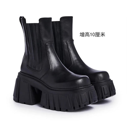 Super High Chunky Heel Platform Chelsea Women's Autumn Small Elevator Ankle Thin Smoke Pipe Genuine Leather Boots
