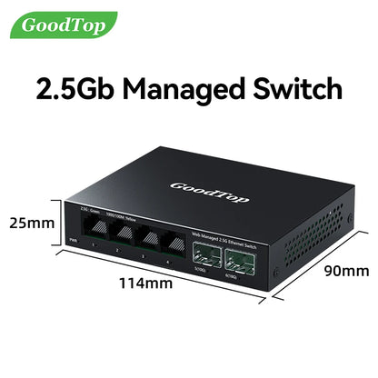 GoodTop 2.5GbE Managed Switch 6 Port 2.5GBASE-T Network Switcher 10G SFP+ Slot Uplink Web Managed Hub Internet Splitter Fanless