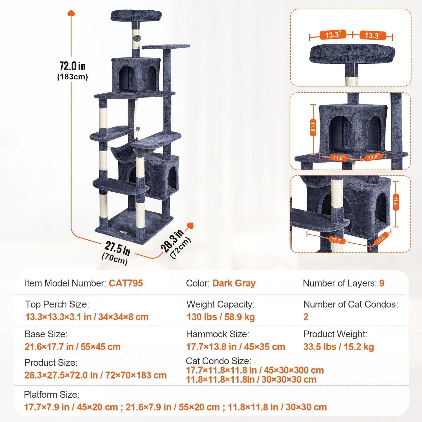 SucceBuy Cat Tree for Indoor Cats 45.2"  Tower with Cat Condo Sisal Scratching Post HammockTop Perch Jumping Platforms Dark Grey